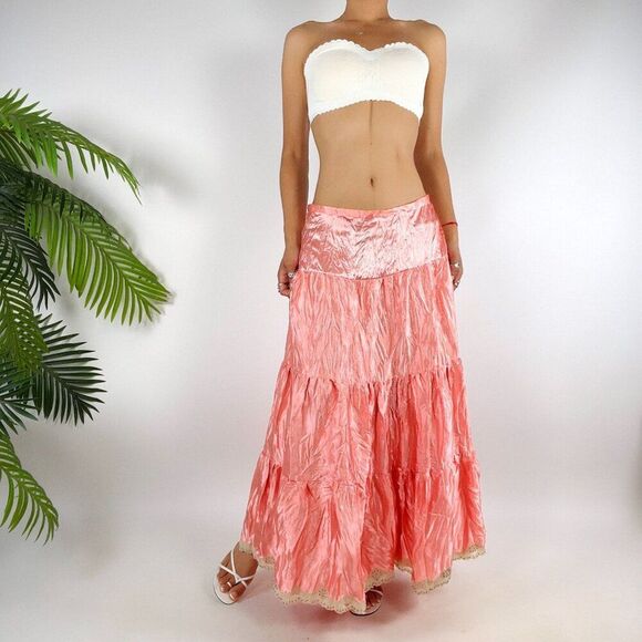 Vintage Pink Satin Cottagecore Bohemian Fairycore Hippie Low Rise Maxi Skirt / 9 - Picture 1 of 7